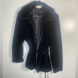 Y2K Vintage Elegant Black Velvet Trench Coat Fur Hood